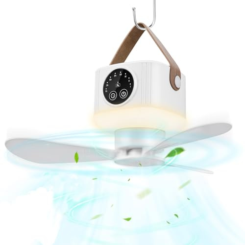 LED Campinglampe mit Ventilator, 7200 mAh Zelt Ventilator mit Licht, Zelt lampe Lanterne Outdoor Camping Zubehör Abnehmbare Ventilatorflügel, Aufhängehaken, Timer und Stativ