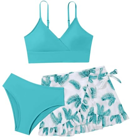 Maillot De Bain Ado Fille 8-14 Ans Ensemble Bikini 3 Pièces Hauts De Maillots et Bas De Maillots Tanga avec Jupe Maillot De Bain Adolescente Fille Natation Piscine Plage (01 Vert Clair, 9-10 Ans)