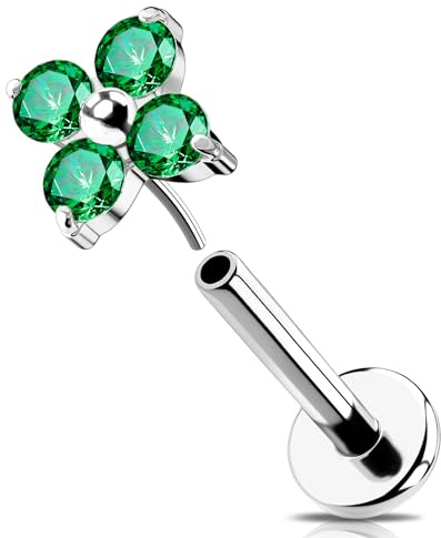 OUFER 16G Blume Helix Earring Threadless Knorpel Ohrpiercing 316L-Chirurgenstahll Tragus Piercing Klar Eisen Grüner CZ Labret Piercing für Frauen 6/8 mm