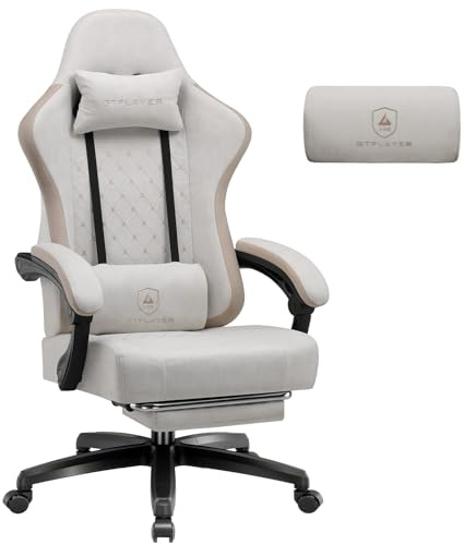 GTPLAYER Gamingstol tyg, gamingfåtölj med fickfjäderkudde, ergonomisk snurrstol, gamingstol med fotstöd 150 kg lastkapacitet, beige