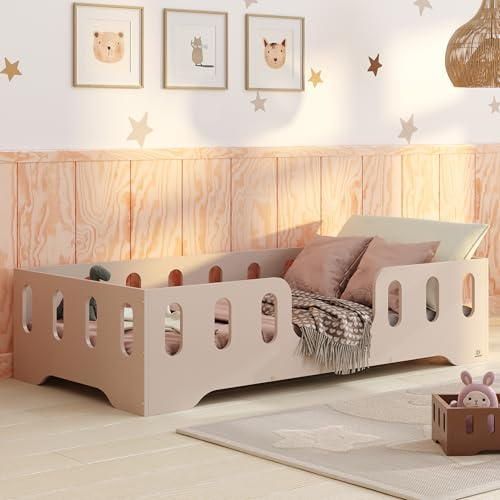 smartwood Bodenbett 120x200 cm mit Rausfallschutz, Holz, Kaschmir, TILA 2 | Montessori Kinderbett, Lattenrost belastbar bis 300 kg, FSC-Zertifikat, abgerundete Kanten, Einfache Montage, ab 3 Jahren