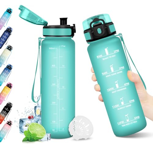 Trinkflasche 500ml, Sport Wasserflasche, Trinkflasche mit Filter und Zeitmarkierung, Auslaufsicher, BPA-frei, Ideal für Gym, Yoga, Camping, Fahrrad, Schule, Büro, Erwachsene, Kohlensäure geeignet