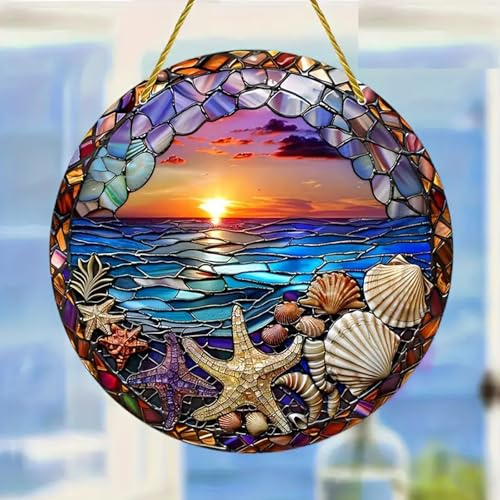 Sonnenfänger mit Strandmuschel, Seestern, Buntglas-Sonnenfänger, Fensterdekoration, Buntglasscheibe, Sonnenfänger, Wanddekoration, Geburtstagsgeschenke