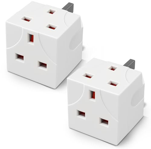 Desiretech 2 Way Adaptor – 2 Pack – UK Double Plug Adapter with 13A Fuse – Compact Multi Plug Socket for Home & Office – Dual Extension Plug for Appliances, TV, PC, Kitchen & Lighting – White