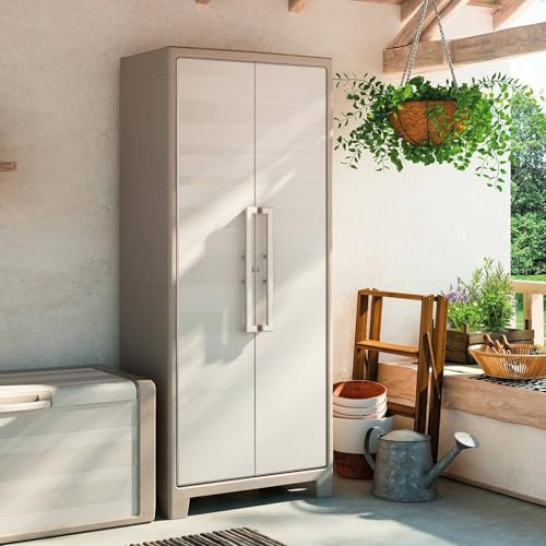 Dmora Armadio Portascope Gulliver, 8 Ripiani Pieghevoli, da Esterno, Ideale per Balcone e Giardino, Sabbia/Beige, 80x44x182 H Cm