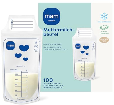 MAM Muttermilchbeutel 180 ml, 100 Stück, auslaufsicher, BPA- & BPS-frei | Doppeldruckverschluss, praktischer Standboden, flach & platzsparend zum Einfrieren und Lagern der Muttermilch