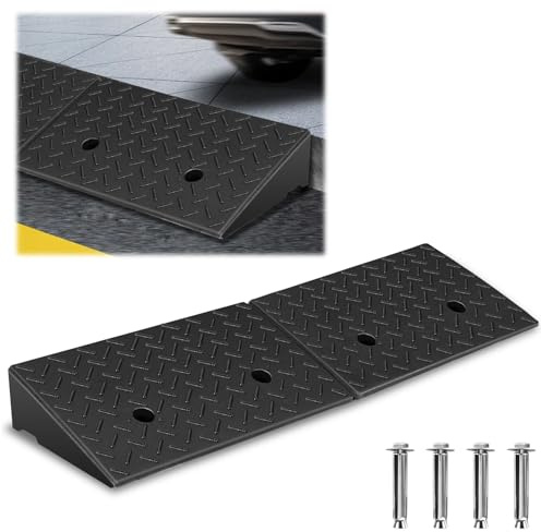 Fiqops 2 Stück Bordsteinrampe 10cm Hoch Rollstuhlrampe rutschfeste Rampen für Bordsteine, Rollstuhl, Auto Auffahrrampe Türschwellenrampe mit Entwässerung (49x30x11 cm) inkl. Montageset