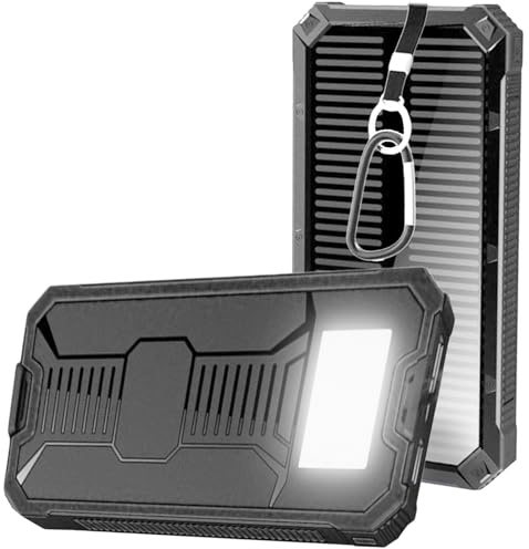 Power Bank Solar 20000mAh,Cargador Solar USB-C Carga Rápida 3 Salidas,Batería Externa Impermeable para Exteriores y Camping con Mosquetón