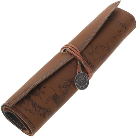LOLIPPYY Retro Federmäppchen Rolltasche aus Canvas mit Schatzkartenmuster Tragbares Stifteetui für Schule Büro und Reisen Aufrollbares Stifteetui mit Verschlussband in Dunkelbraun