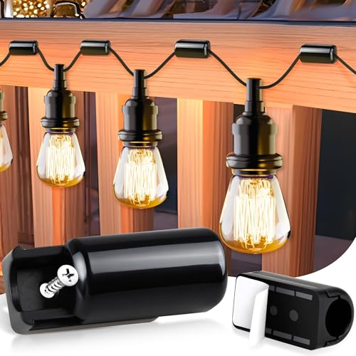 Nearockle Hooks for Outdoor String Lights, 30Pcs Upgraded Lock Wire Heavy Duty Clips with Screws & Adhesive Strips, Cord Holder Organizer, Outside Weatherproof for Hanging Christmas Lighting-Black