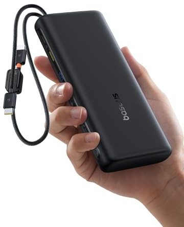 Baseus FC41 100W Powerbank per Laptop, Ricarica Rapida 20000mAh Power Bank con 2 Cavi USB-C Integrati, Batteria Esterna con Display a LED per MacBook Pro, iPhone, iPad, Samsung