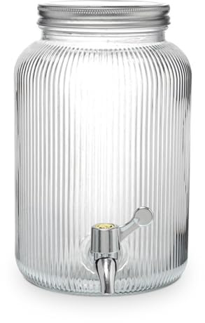 Dispensador de Bebidas de Cristal con Grifo Antigoteo, Tapa Metálica, Estilo Vintage Retro para Fiestas, Eventos, Limonada, Sangría, Agua (3 Litros (23 cm))