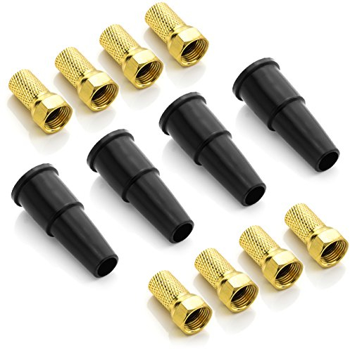deleyCON SAT Montage Set 12 Teilig - 4X Gummitülle Kabelschutz Isolierkappe & 8X 7mm F-Stecker Vergoldet Schraubbar Gummidichtung Koaxialkabel Antennenkabel