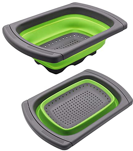 CCUCKY Colador Plegable para Fregadero de Cocina,3.8L Gran Capacidad con Mangos Extensibles,Cesta de Colador, Ahorro de Espacio,Drenaje Rápido,Se Adapta a la Mayoría de los Fregaderos-Verde