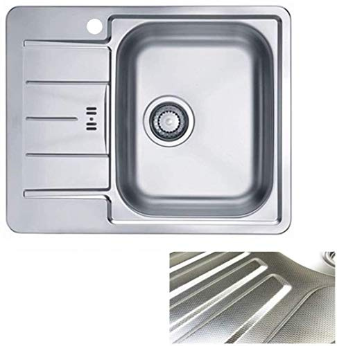VBChome Edelstahlspüle 62 x 50 cm Leinenstruktur Spülbecken Einbauspüle mit Hahnloch Abtropffläche Links Ablaufgarnitur Camping Küchenspüle