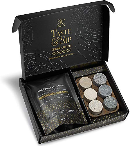 Whiskey Chilling Stones & Kentucky Bourbon Barrel Aged Coffee Gift Set - 6 Handcrafted Granite Round Rocks & Hardwood Storage Tray - Medium Dark Roast 4oz Tasting Bag for Specialty Coffee Lovers!
