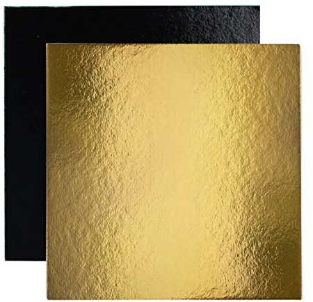 Ein Set von 10 quadratischen Stützen in Farbkarton für Kuchen und Auswahl der Abmessungen (gold / schwarz, 26 cm)