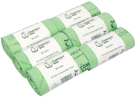 30 Litre x 150 Compostable Caddy Bags - Compost Bag Kitchen Food Waste Compost Liners 30L - EN 13432 - Compost Bag Pedal/Kerbside Bin Bags with Composting Guide