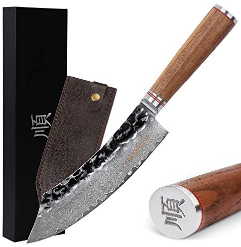 YOUSUNLONG Coltelli da macellaio 20,3cm Coltelli da rottura da - giapponese acciaio damasco - noce naturale manico in legno con fodero in pelle