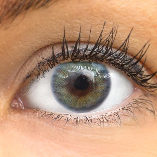 GLAMLENS Jasmine Light Blue Blau + Behälter | Leicht dezent deckende natürliche blaue Kontaktlinsen farbig | farbige Monatslinsen 1 Paar (2 Stück) DIA 14.00 mit Stärke -4.50