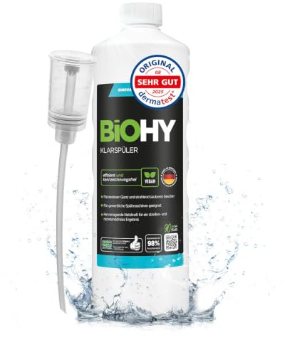 BiOHY Klarspüler (1l Flasche) + Dosierer | Bio Geschirrspülmittel | ideal für alle Spülmaschinen | EXTRA STARKER Fettlöser für Gastronomie & Haushalt | frischer Glanz auf Glas & Geschirr