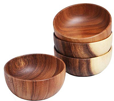 Acacia Wood Salad Bowls 6.3inches Set of 4 Individual Large Wood Bowl for Fruits Salads and Decoration