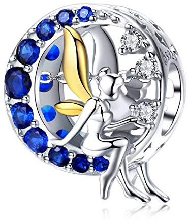 Qings Ängel pärla berlocker armband 925 sterling silver, älva hänge halsband ängel vingar blå CZ måne berlock lycka berlock smycken gåvor för tonåringar flickor kvinnor
