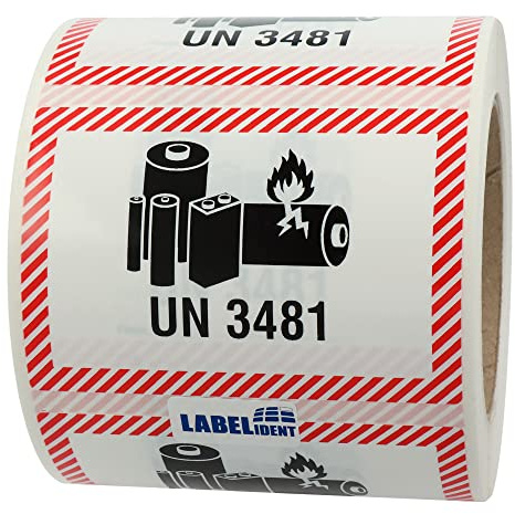 Labelident Lithium-Ionen-Batterien Transportaufkleber UN 3481, 100 x 70 mm, 500 Etiketten aus PE-Folie (Polyethylen) auf Rolle, Gefahrgutaufkleber für Versand