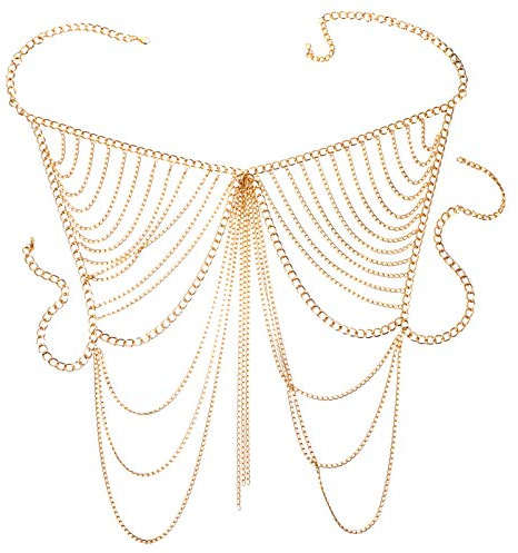 Golden Alloy Chest Chain Body Chain with Fringe for Decorative Fashion Accessory 26.8 Inches Length 13.4 Inches Width