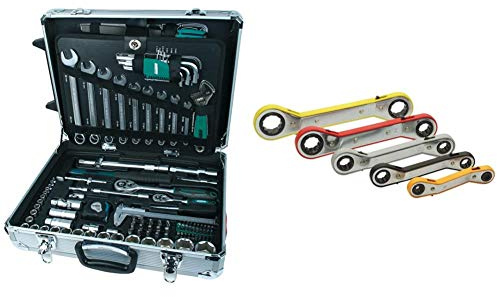 Brüder Mannesmann M29077 Alu-Werkzeugtrolley bestückt, 159-tlg & Mannesmann Ratschen-Schlüssel-Satz, M27405
