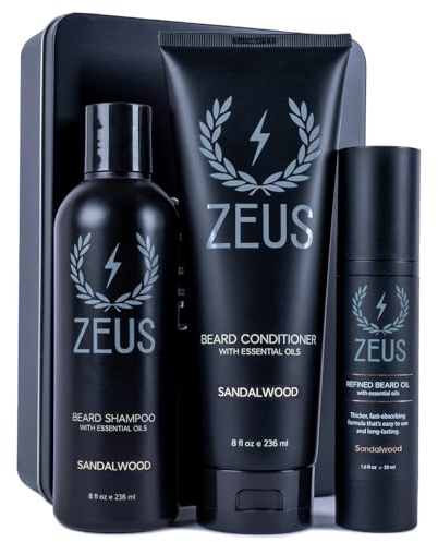 ZEUS Beard Care Starter Kit for Men, Natural Shampoo, Conditioner & Refined Oil, Soften, Hydrate & Strengthen Thick Facial Hair (Made in USA) Sandalwood