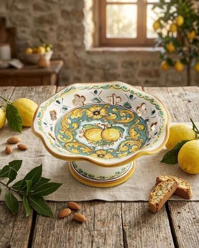 ILAB Centrotavola alzata piccola in ceramica decorata a mano da ceramisti siciliani di Santo Stefano di Camastra limoni art 5