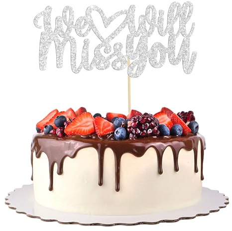 Gyufise 1Pcs Silver Glitter We Will Miss You Cake Topper for Job Change Farewell Retirement Graduation Party Cake Decorations