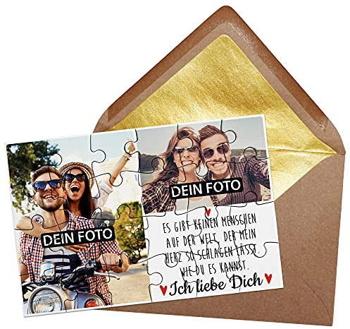 Foto-Puzzle - Collage Ich Liebe Dich - inkl. Briefumschlag mit Gold-Inlay - Geschenk für Paare, Liebe, Valentinstag - mit Zwei Bildern Bedrucken Lassen - 24 Teile