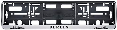 Auto Kennzeichenhalter Berlin Skyline in der Farbe Silber/Schwarz Nummernschildhalterung Auto, Nummernschildhalter Fanartikel 2 Stück