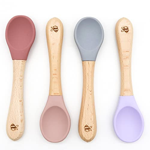 Wriggle & Giggle | Baby Weaning Spoon | Toddler Feeding Spoon | Silicone & Wood | 4 Pack (Purple/Grey/Pink)