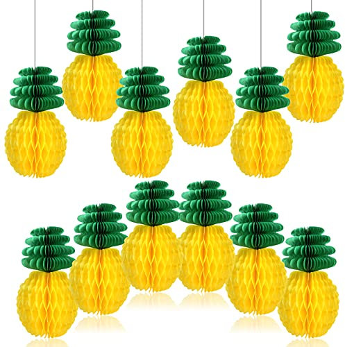KESOTE 12 Pack Pineapple Honeycomb Hanging Decor 8'' Pineapple Tissue Paper for Hawaiian Luau Summer Party