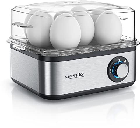 Arendo - Cuiseur à œufs en acier inoxydable Eightcook 500 W - Egg cooker 1 à 8 œufs - Bouton pour trois degrés de dureté, à la coque, mollet ou dur - Œufs pochés, Verre doseur avec Perceur d’œufs