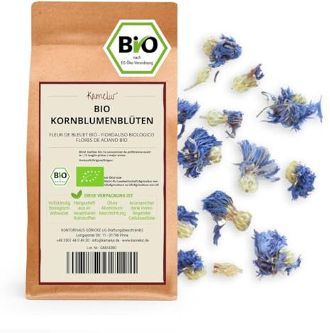 Kamelur 250g BIO Kornblumenblüten getrocknet & ganz – BIO Kornblumen ohne Zusätze – getrocknete essbare Blüten blau für BIO Tee in biologisch abbaubarer Verpackung