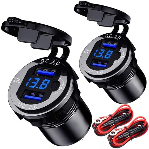 [2 Stück] USB Steckdose 12V Auto Wasserdicht KFZ Ladegerät 36W Metall Quick Charge 3.0 Wohnmobil Zigarettenanzünder Dose Adapter USB Einbaubuchse mit Schalter LED Voltmeter für Motorrad,Wohnwagen,LKW