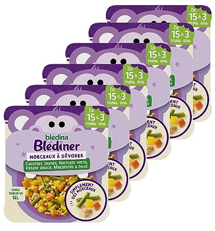 Blédina Morceaux à Dévorer avec Carottes Jaunes, Haricots Verts Patate Douce Macaronis & Persil, 6 x 200g