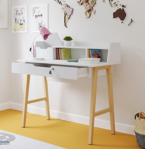 Modern Design Roma Small Desk for Bedroom, 40 inch White Writing Desk with Hutch and Locking Drawer, by Crafts and Comfort
