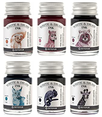 Octopus Write and Draw Ink Set HORIZON, inchiostro impermeabile per scrittura e disegno, inchiostro per calligrafia, inchiostro da illustrazione per penna stilografica, 6x10 ml