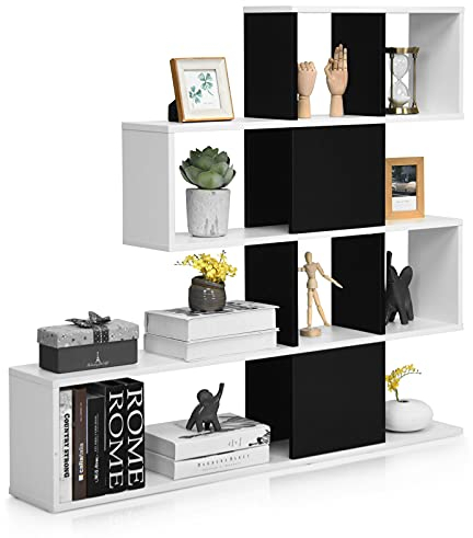 COSTWAY 4-stöckiges Bücherregal, Raumteiler Regal aus Holz, freistehendes Treppenregal, Standregal Stufenregal für Wohnzimmer, Schlafzimmer, Büro (Schwarz + Weiß)