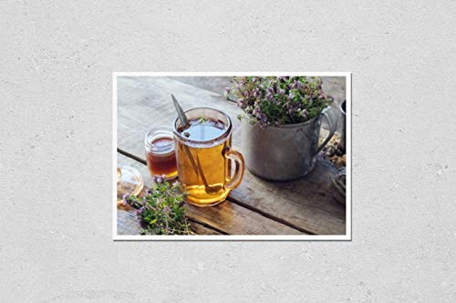Wall Art Poster Print of Mug of Thyme Healthy Herbal Tea, Honey Jar and Rustic Metal Cup Full of Thymus Serpyllum Medicinal Herbs.