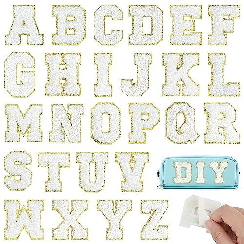 BOUBONI 26 Stück weiße Buchstaben zum Aufbügeln von A bis Z, selbstklebende Chenille-Buchstabenflicken für Stoffkleidung