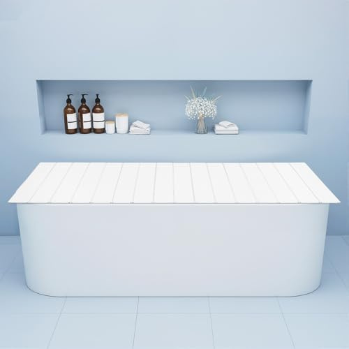 Faltbare Badewannenabdeckung aus PVC - Weiße Wannenabdeckung mit Holzoptik & Ablage (bis 5kg), Wärmeschutzdeckel für Standard-Badewannen (170x70cm), faltbar & leicht zu reinigen
