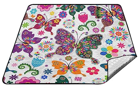YOUJUNER Picknickdecke, 200 x 200 cm, florales Schmetterling, Blume, große Picknickmatte, wasserdicht, Stranddecke, tragbarer Outdoor-Teppich, Camping-Matte
