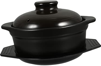 HEMOTON Ceramic Cooking Pot with Lid Black Household Stew Pot Featuring Binaural Design and Smooth Glazed Surface Includes Tray Suitable for Home Kitchen Casserole Cooking