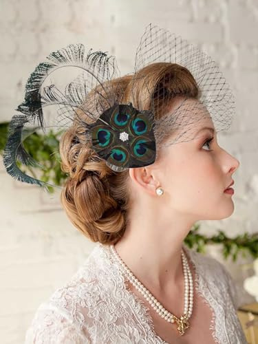 IYOU Fascinator Piuma Fermagli per Capelli Verde Pavone Flapper Copricapo con Velo Prom Festival Matrimonio 1920s Gatsby Accessori per Capelli per le Donne